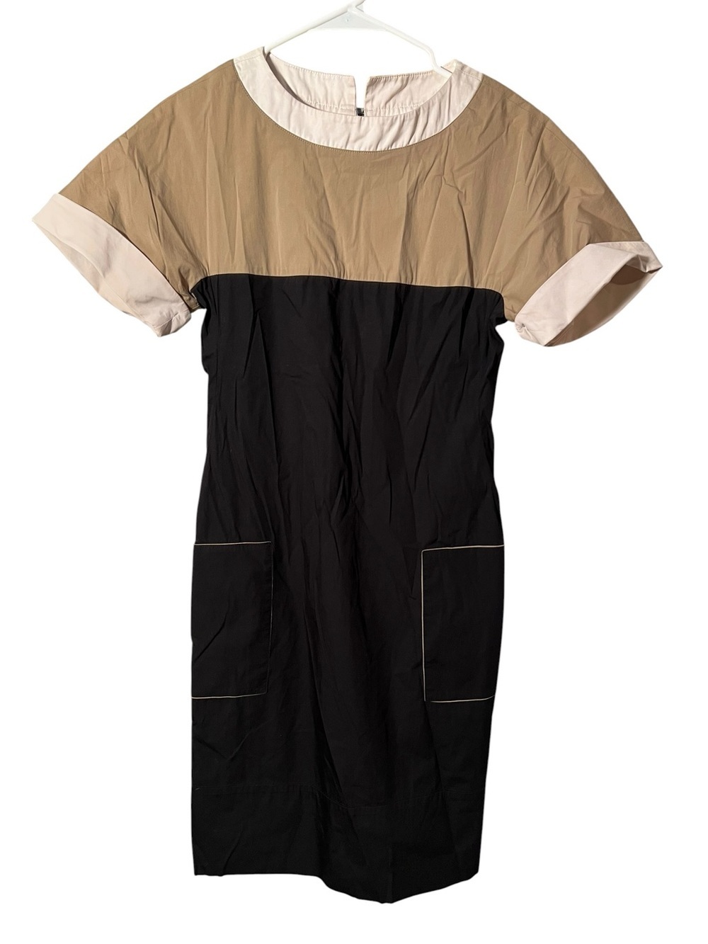 Paule Ka Women’s Size 38 Shift Dress White Beige Black Colorblock Short Sleeve